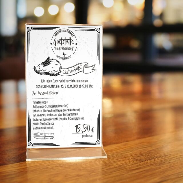 🍂🍁 Recht harzlich willkommen zum Schlemmer Schnitzel Buffet in der Gaststätte „Am Krähenberg“! 🍁🍂

Ein Buffet für Groß und Klein, Schlemmer Schnitzel, zart und fein, hier darf jeder glücklich sein! ✨💚

Liebe Gäste und Campingfreunde, am 15. & 16. November 2024 laden wir Euch ab 17:00 bis 21:00 Uhr herzlich ein, den Abend mit unserem beliebten Schlemmer Schnitzel Buffet zu genießen! 😋

Was gibt’s?
🥣 Feine Tomatensuppe zum Start
🥩 Knuspriges Schlemmer-Schnitzel (Wiener Art)
🍍 Überbackene Schnitzel 
🍟 Beilagen nach Wahl: Pommes, Kroketten oder Bratkartoffeln
🍄 Würzige Soßen zur Auswahl: Paprika & Champignon
🥗 Frische Salate für den knackigen Genuss
🍮 Ein kleines Dessert für den süßen Abschluss

All das für nur 15,50 € pro Person! Ein perfektes Angebot für einen Abend mit der Familie oder Freunden – um Anmeldung wird gebeten! 🌌🥂

Wir freuen uns darauf, Euch „recht harzlich“ bei uns zu begrüßen und gemeinsam eine köstliche Herbstzeit zu verbringen! 🌿✨

📍 Gaststätte „Am Krähenberg“
#GaststätteAmKrähenberg #SchlemmerSchnitzelBuffet #HarzlichWillkommen #HerbstGenuss #Familienzeit #Schnitzelliebe #BuffetFreude #GroßUndKlein #GemeinsamGenießen 🍽️🍂